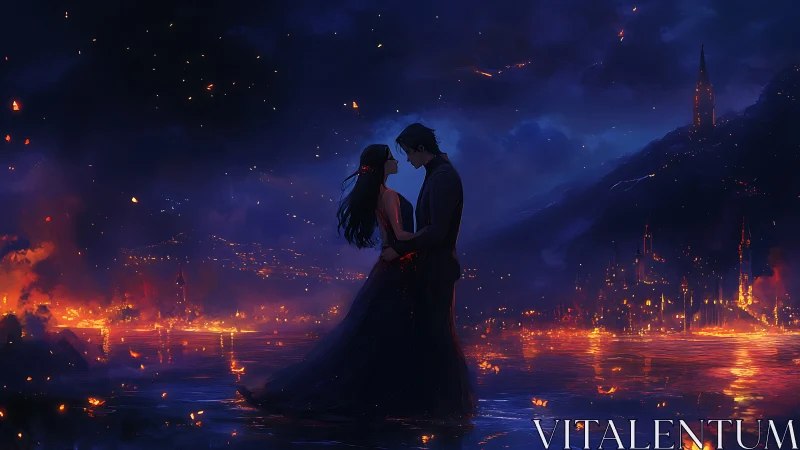 Gothic Couple Silhouette Against Burning Cathedral.