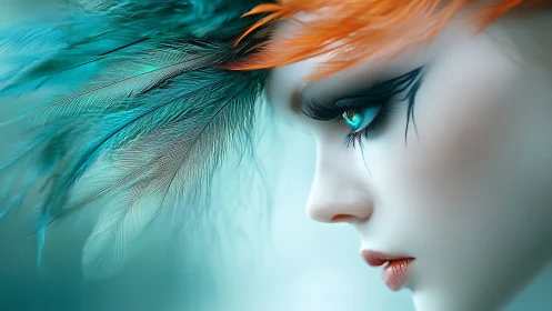 Cyan-eyed profile portrait with teal feathered headdress and orange hair