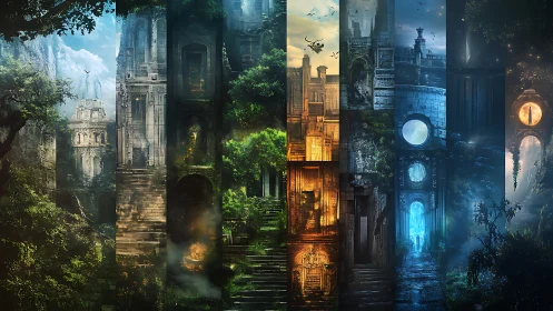 Segmented fantasy citadel under dynamic chromatic atmospheres.