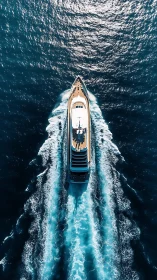 Aerial superyacht wake pattern in open deep blue ocean