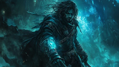 Arcane stormbound warrior channeling cyan spectral currents.
