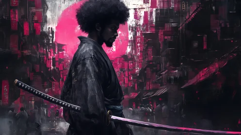 Afro samurai drifts through neon dusk and painted storm.