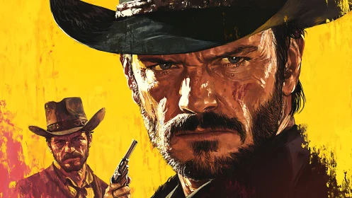 Digital western gunslinger portrait on yellow backdrop.