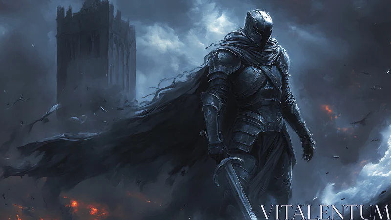 Storm-wreathed dark knight strides from a smoldering citadel