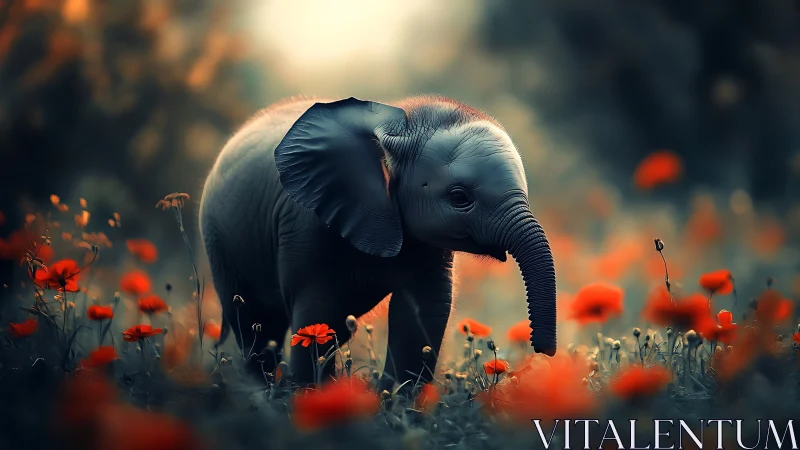 Baby elephant walks through glowing poppy meadow at dusk