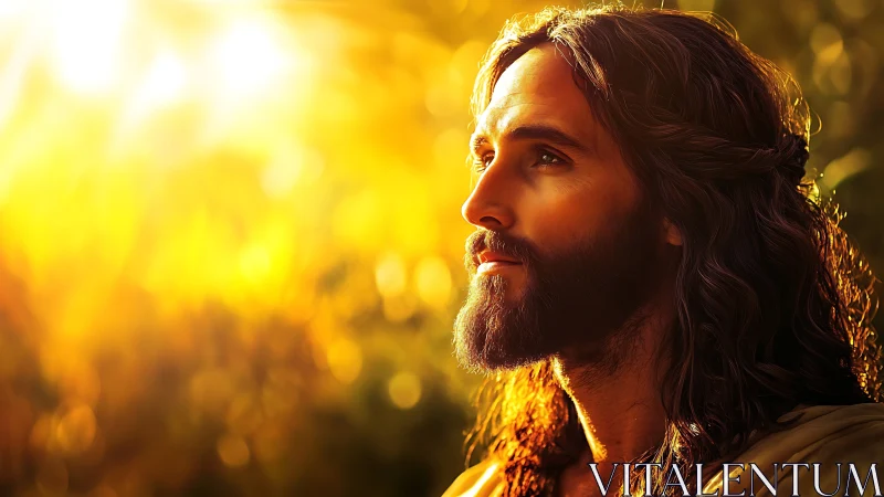 Soft sunrise crowns a contemplative, long haired figure in gold