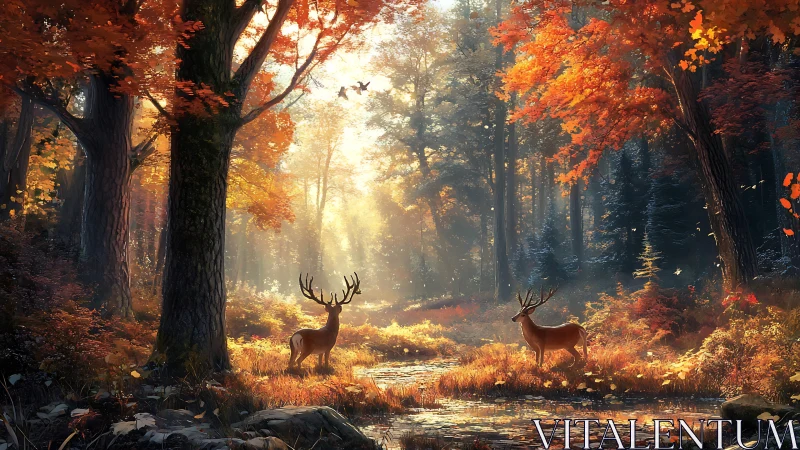 Deer in Autumn Forest with Stream.