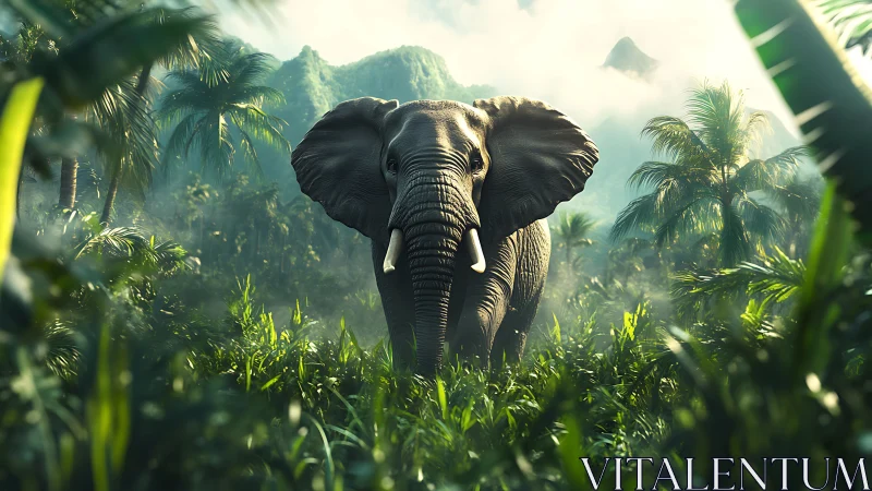 Majestic elephant strides through misty tropical rainforest.