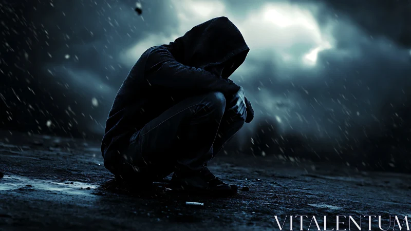Solitary hooded figure crouched on wet asphalt in storm