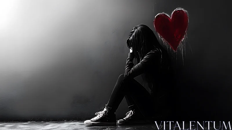 Shadowed girl beneath a bleeding red heart of street sorrow.