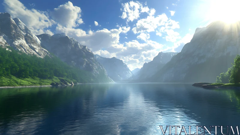 Sunlit mountain fjord stretches into a calm reflective horizon