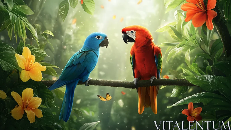 Vibrant Blue and Red Parrots in Lush Tropical Jungle Scene.
