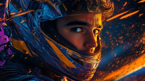 Racing helmet close-up with illuminated visor and sparks.