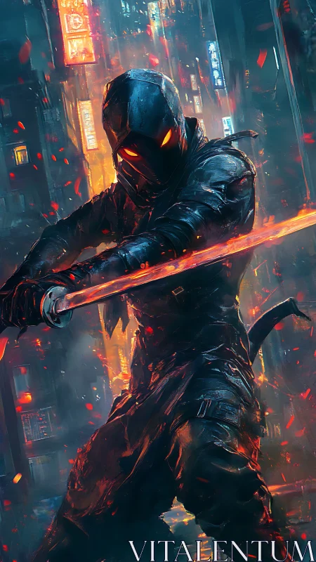 Cybernetic night ninja with blazing katana in neon storm.
