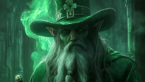 Emerald robed wizard with pointed hat in green vapor field.