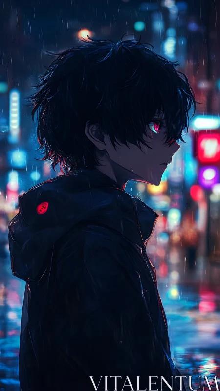 Neon-eyed youth in rain-soaked cyberpunk nightscape profile.