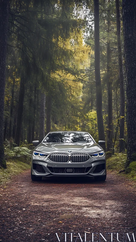 Silver sedan is parked on a straight dirt road in dense forest
