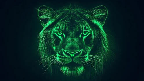 Neon green lion portrait glows against deep black void