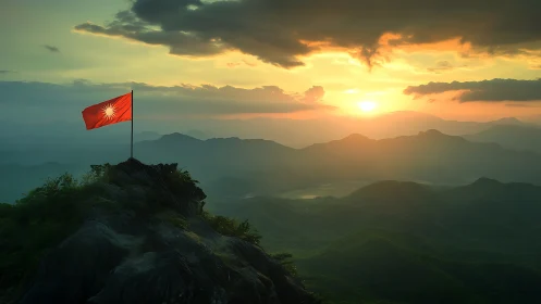 Sunlit mountain flag welcoming a calm new horizon.