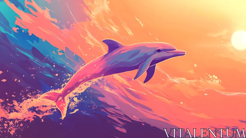 Dolphin arcs above stylized ocean under vivid sunset sky