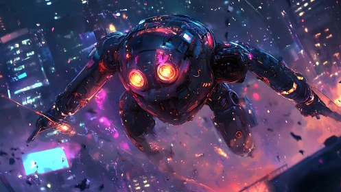 Armored mech dives through neon-lit cyberpunk skyline in flames