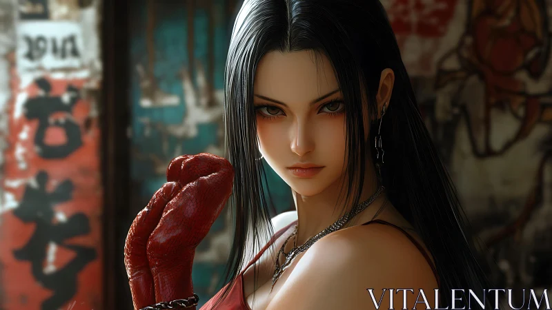 Confident fighter girl with red gloves and steady, warm gaze.
