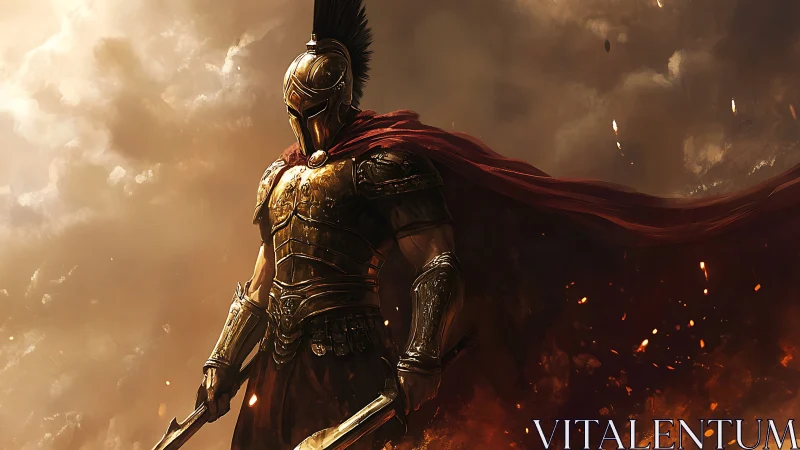 Bronze-plated hoplite champion in ember-saturated battlefield clarity.