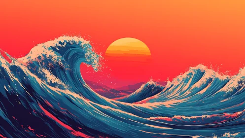 Neon sunset waves curling toward stylized distant horizon.