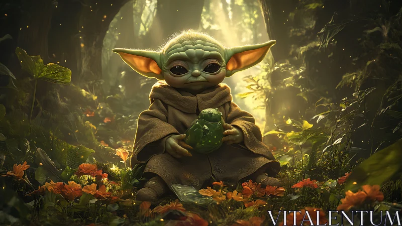Small green alien child holding cup in glowing forest clearing.