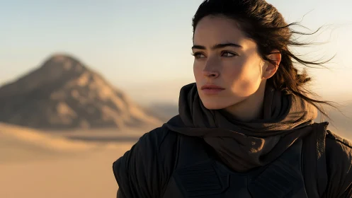 Determined desert wanderer gazes ahead in golden light