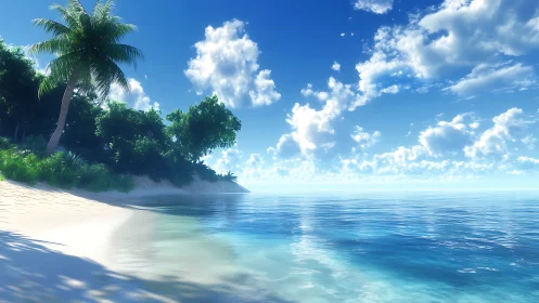 Tropical Coastal Render: White Sand Beach with Volumetric Lighting and Palm Vegetation.
