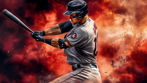 Baseball batter mid swing before abstract fiery backdrop.