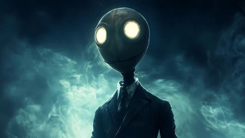 Foglit android gentleman with glowing eyes in midnight haze.