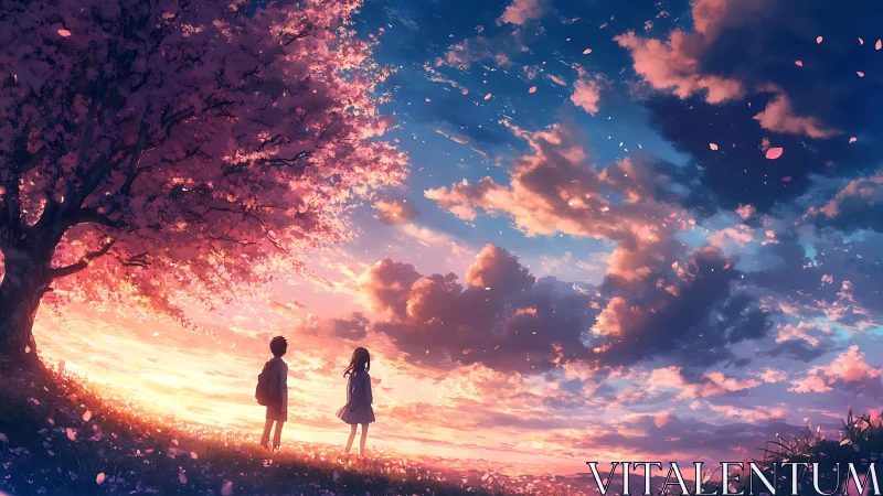 Sunset sky over two children beneath blooming tree.