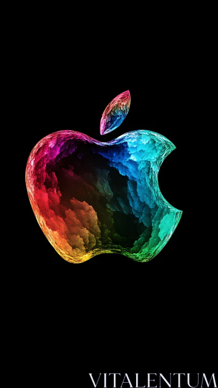 Iridescent abstract apple emblem with crystalline texture.