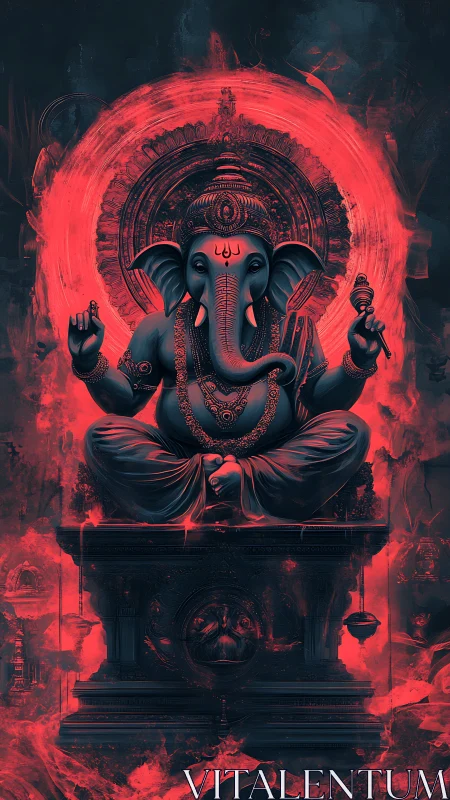 Digital Ganesh deity in red aura on ornate pedestal.
