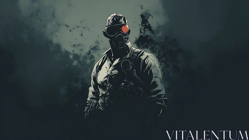 Gas mask soldier with red visor in dark abstract scene.
