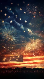 Fireworks over a glowing flag under summer night skies.