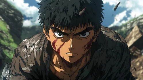Battle-scarred anime hero charging through wild canyon lands.