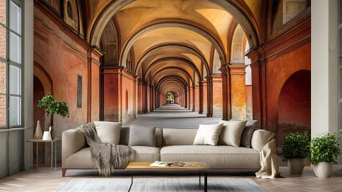 Living room with arched corridor mural wall decor design.