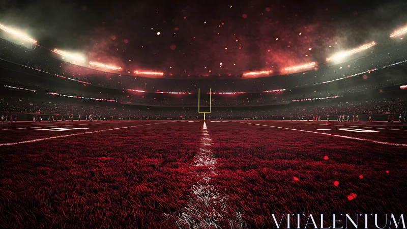 Floodlit football stadium turf in dramatic red haze.