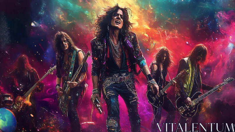 Starlit rock band ignites a neon cosmic concert storm.