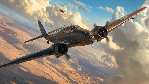 Desert stormrider bomber knifes through sunlit canyon clouds.