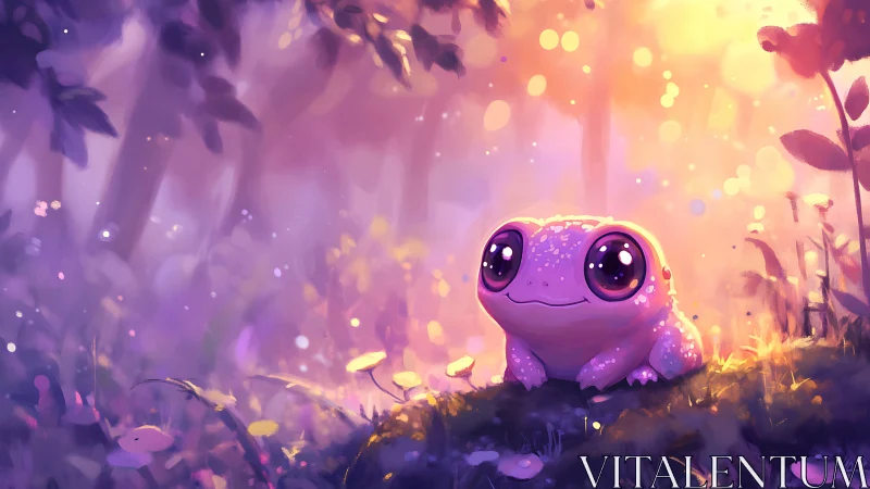 Gentle pink frog glows softly in a dreamy forest sunset