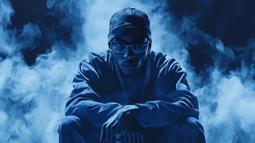 Smoke-crowned street poet in electric midnight blue haze.