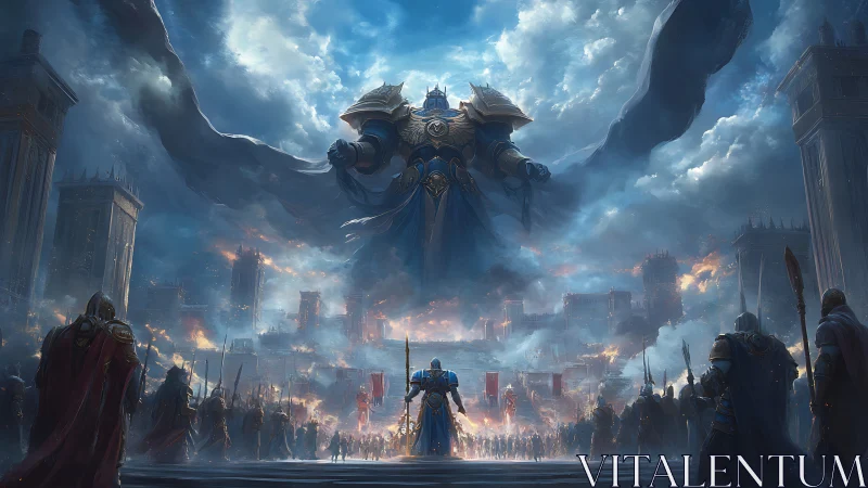 Colossal armored deity looms above besieged fantasy city