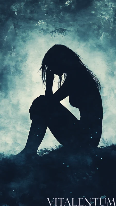 Silhouetted woman in contemplative sorrow within misty blue void.