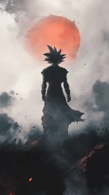 Silhouetted warrior stands on dark ridge below burning sun