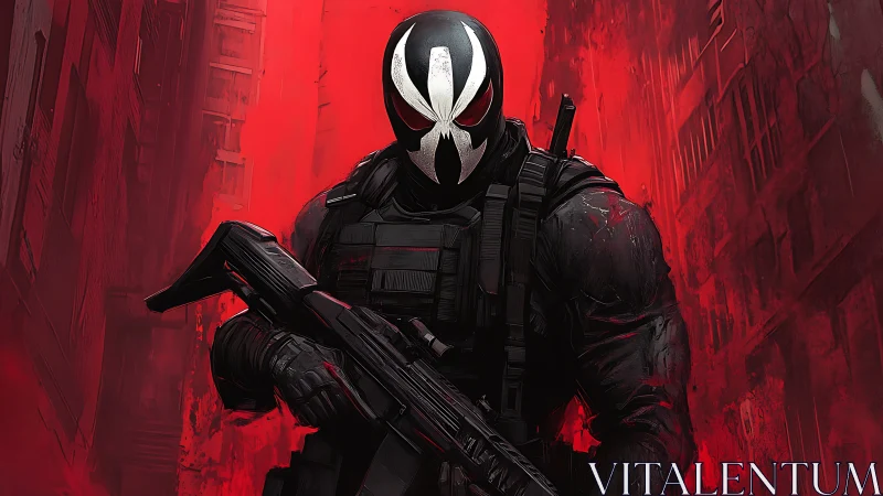 Masked tactical figure with rifle in red urban alleyway.