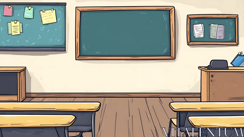 Sunlit cartoon classroom waits quietly for new students